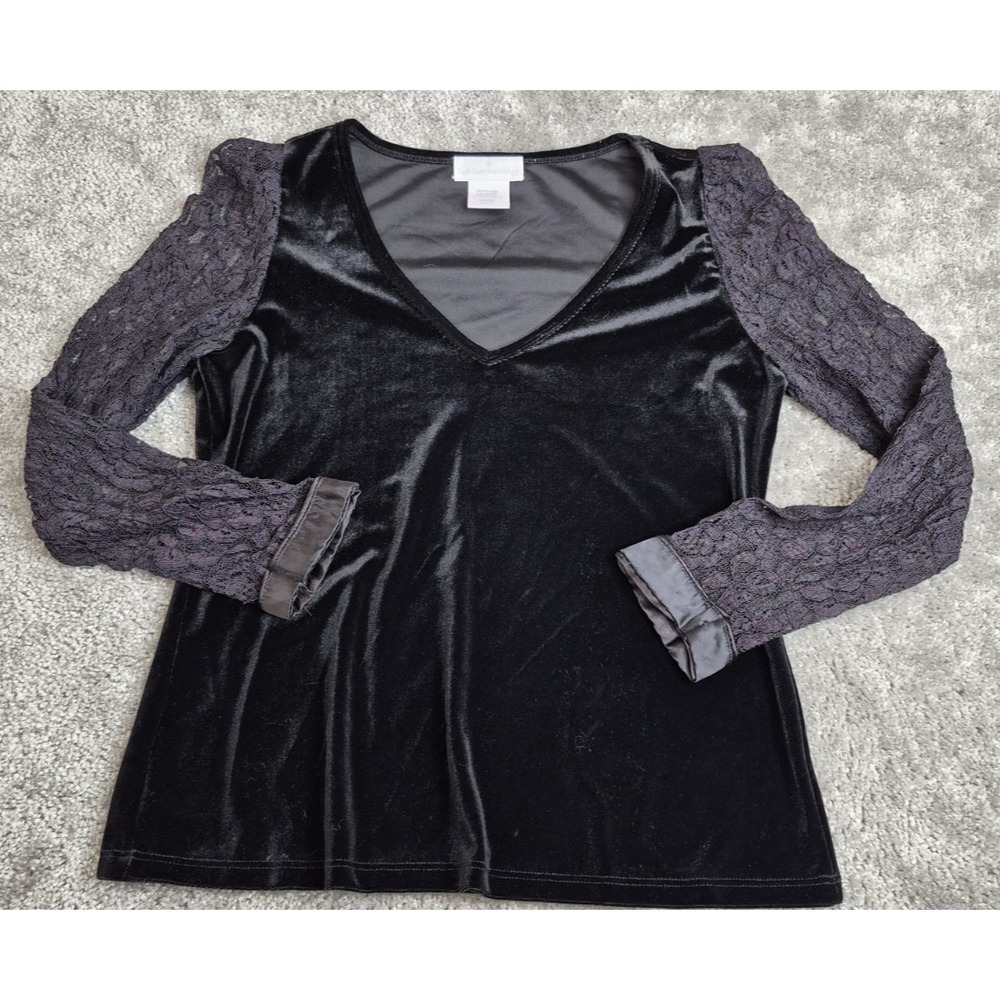 Soft Surroundings Velvet Womens Size‎ Med Black Lace Sleeves V-Neck Tunic
